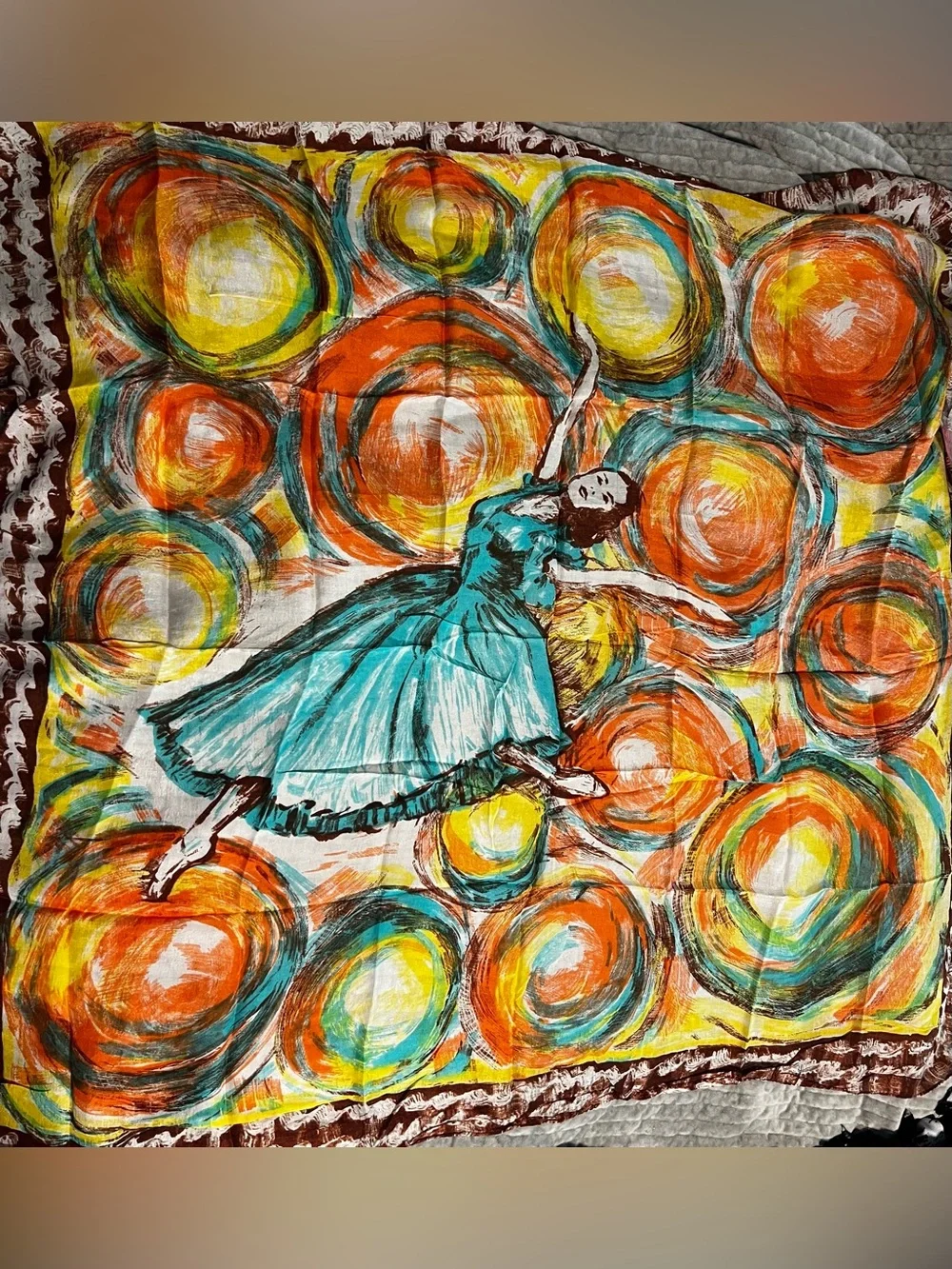 Glentex Turquoise Ballerina Print Scarf with Orange and Yellow Circles